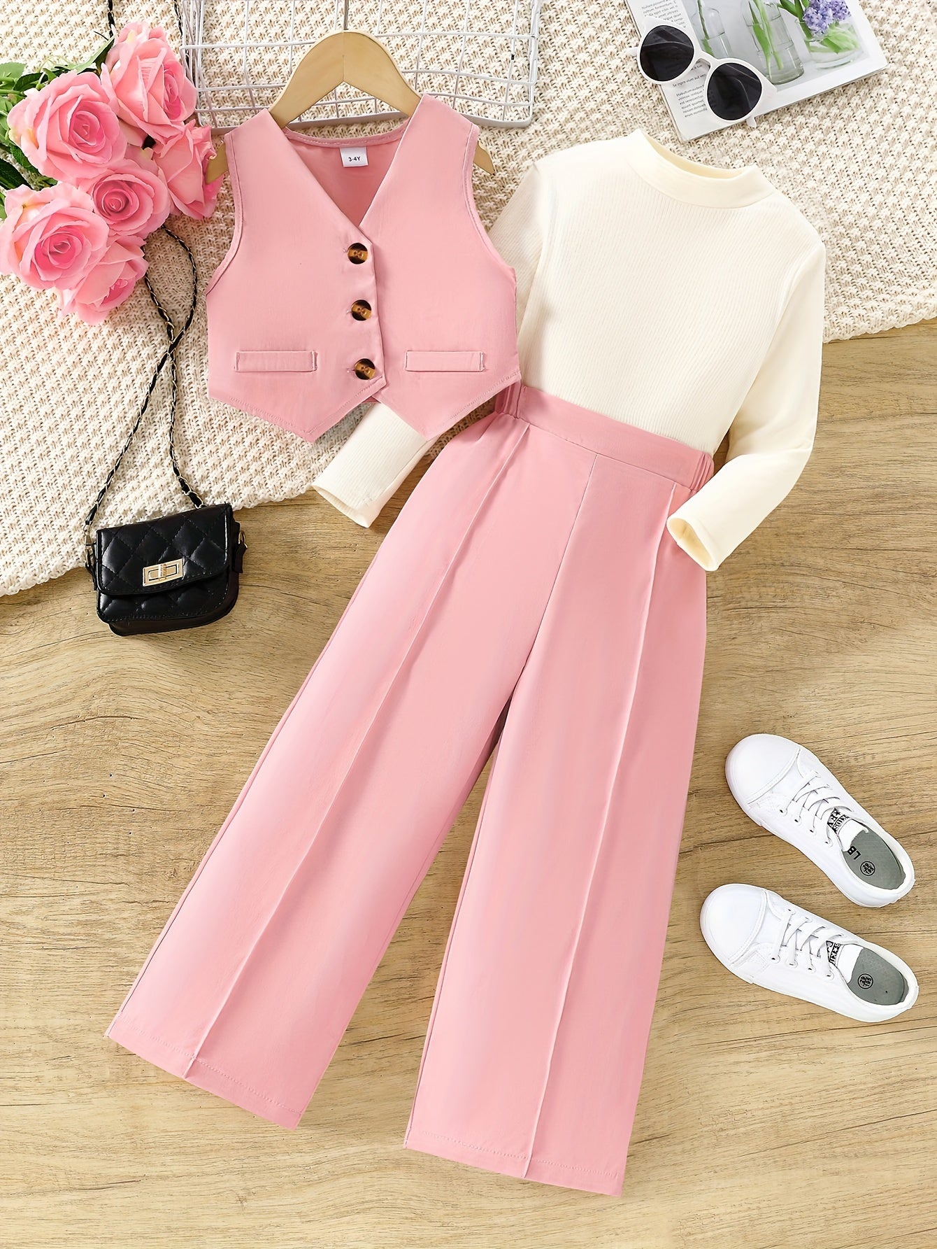 Girls' Casual Outfit Set Sleeveless Vest Long Sleeve Top Wide Leg Pants Spring Fall