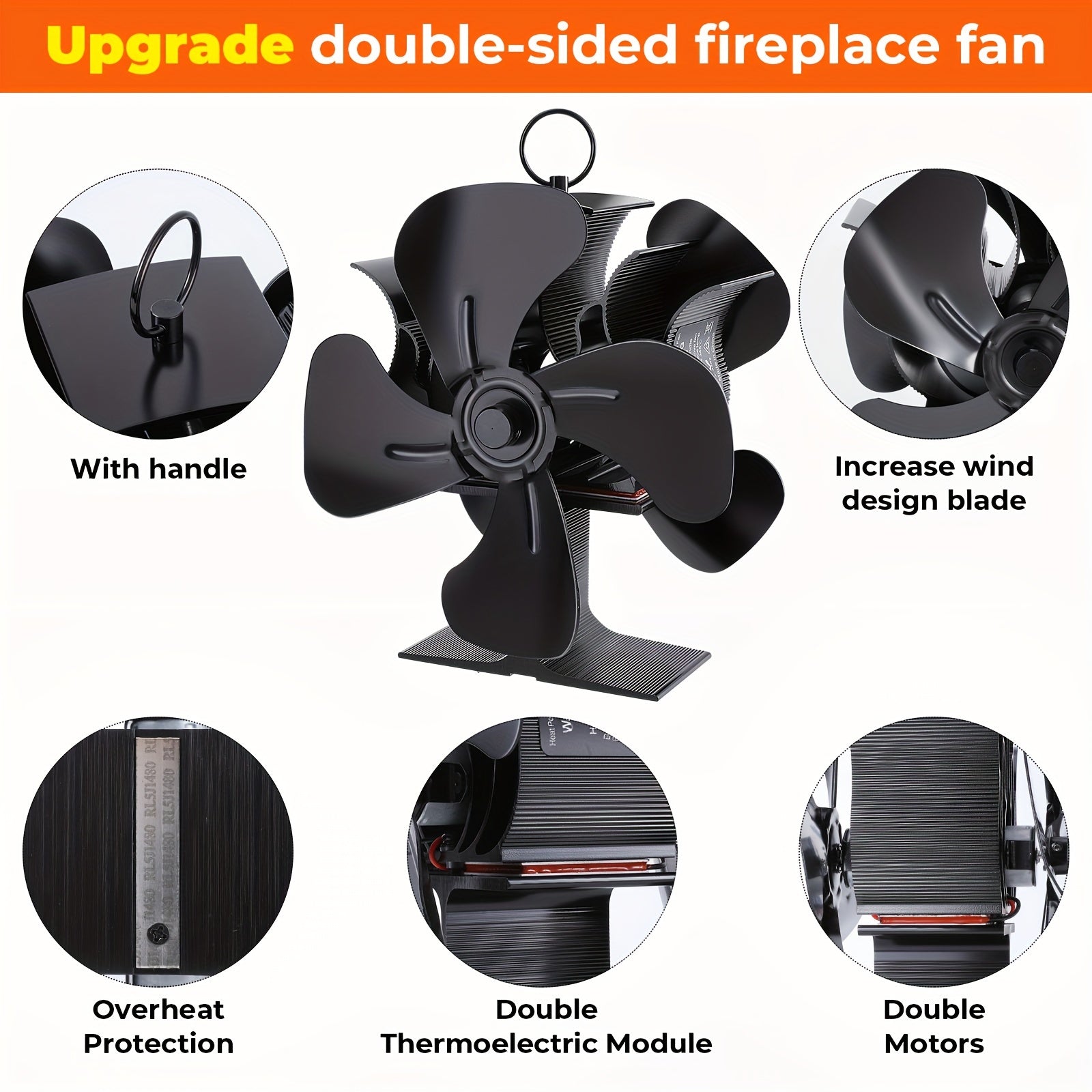 Double Sided Wood Burning Stove Fan with Quiet Motor and 4 Blades for Heat Distribution