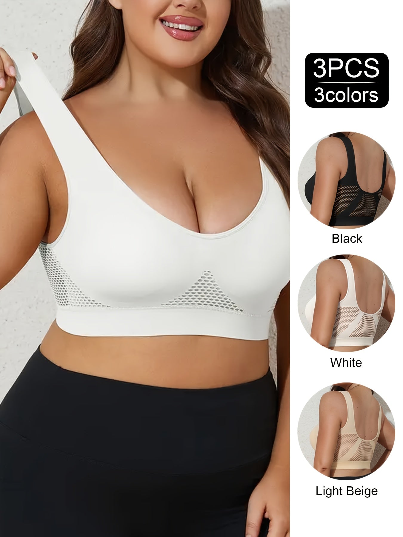 Plus Size Sports Bra Tank Top Set 3 Pack No Underwire Mesh Breathable