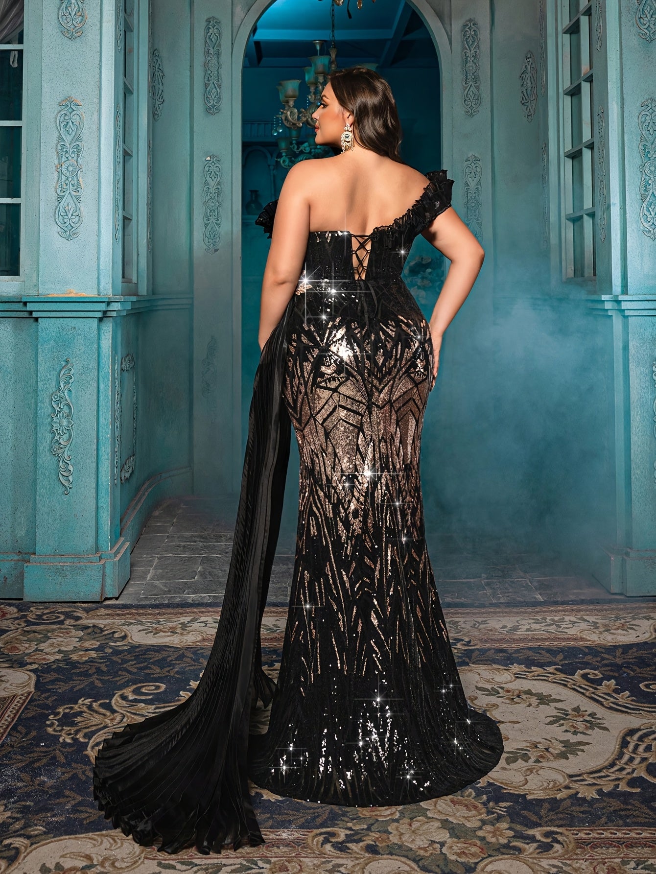 Plus Size Off-the-Shoulder Sequin Mermaid Evening Gown Black Floor-Length Dress