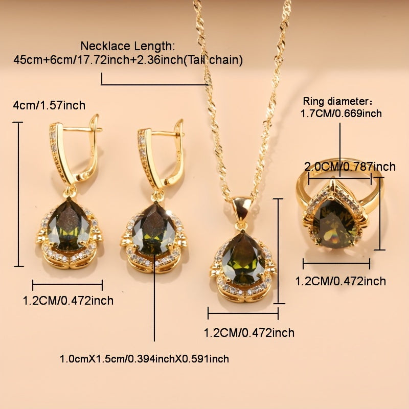 5-Piece Teardrop Jewelry Set with Earrings Necklace Pendant Ring Synthetic Stones Gold Plated Copper Zirconia for Weddings and Everyday