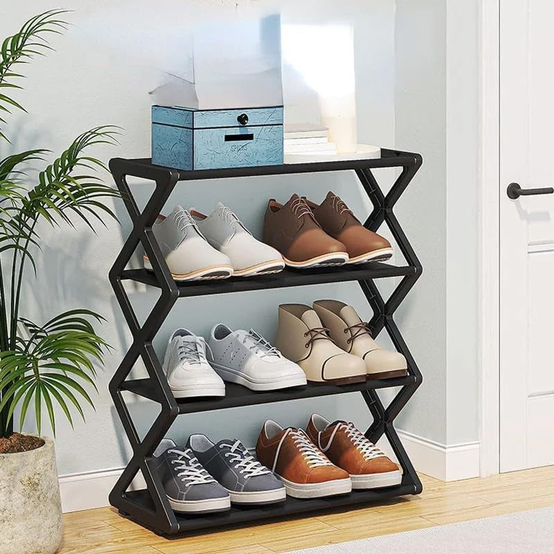 Black Plastic Shoe Rack Organizer 4 Tiers Foldable Space Saver for Closet Entryway Bedroom