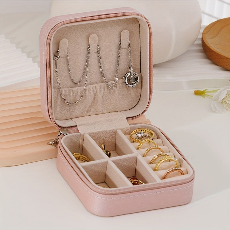 Faux Leather Jewelry Organizer with Necklace Hooks and Zippered Storage