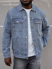 Plus Size Men's Washed Denim Jacket Regular Fit Cotton Solid Color