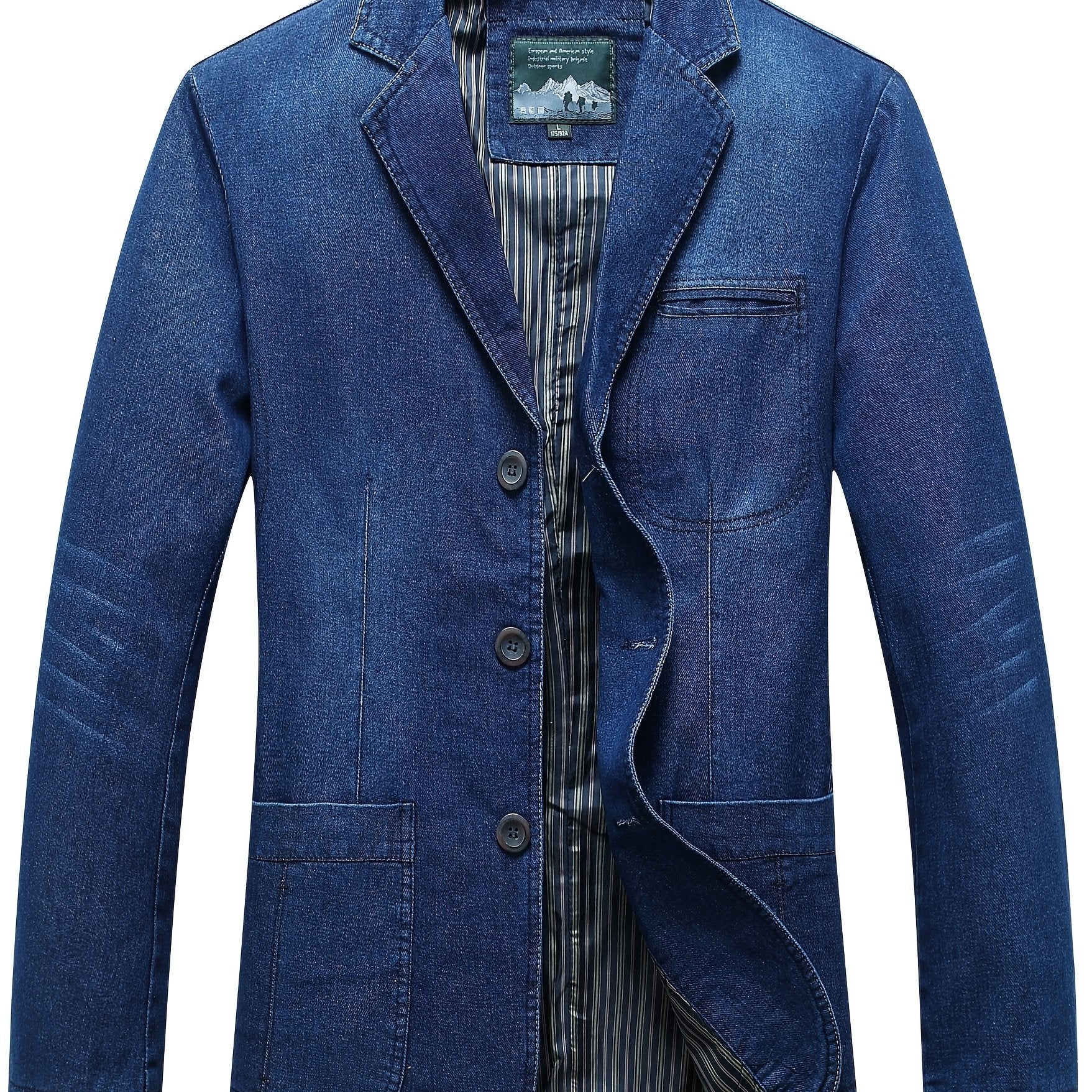 Men's Water-Resistant Denim Blazer with Long Sleeves, Button Closure, Flap Pockets