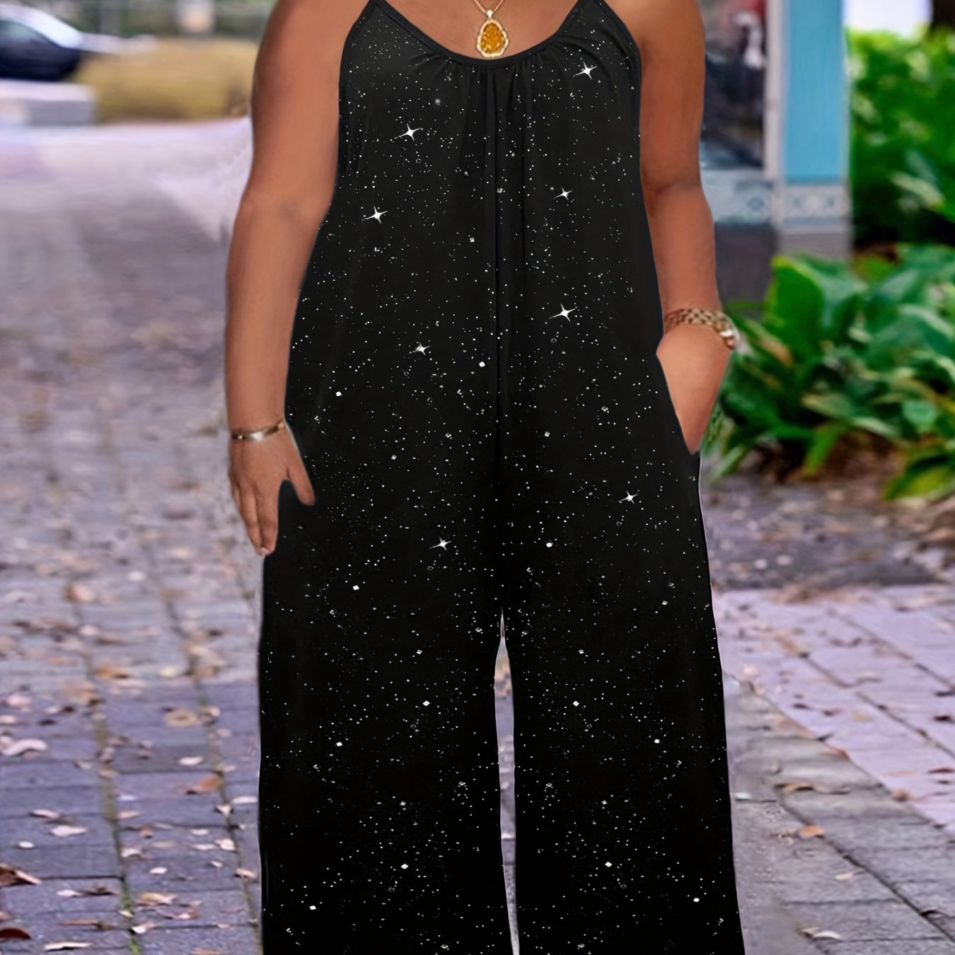 Mono de una pieza de mujer de talla grande con lentejuelas y pantalón ancho casual sin mangas