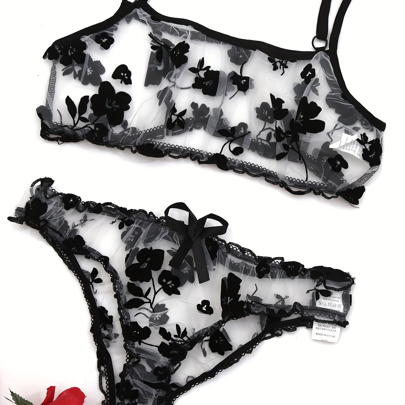 Women's Mesh Flower Lingerie Set with Transparent Details 2 Pieces Adult Size