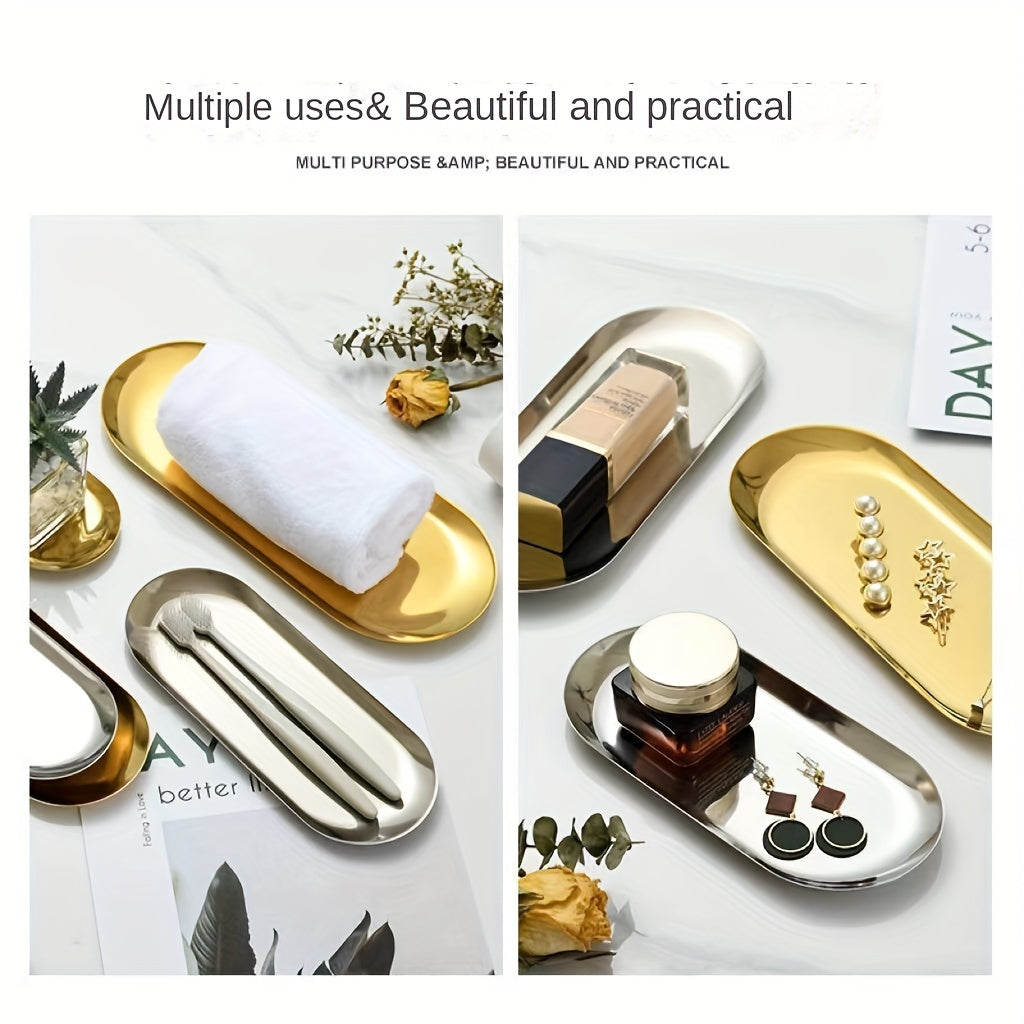 Bandeja de joyería ovalada de acero inoxidable para almacenamiento y servicio