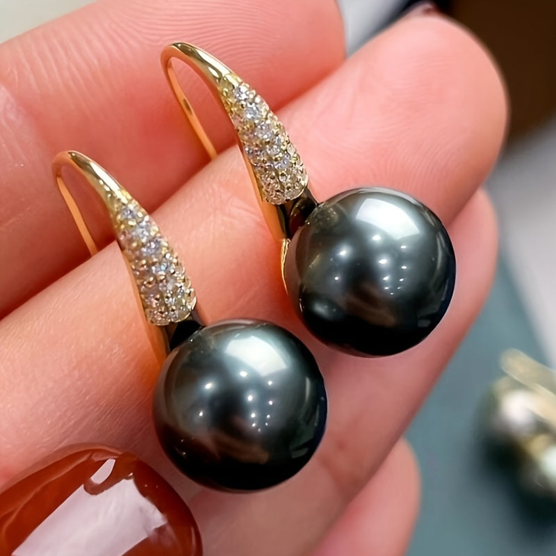Pendientes de perlas con concha negra chapados en oro de 18K para mujer 10mm