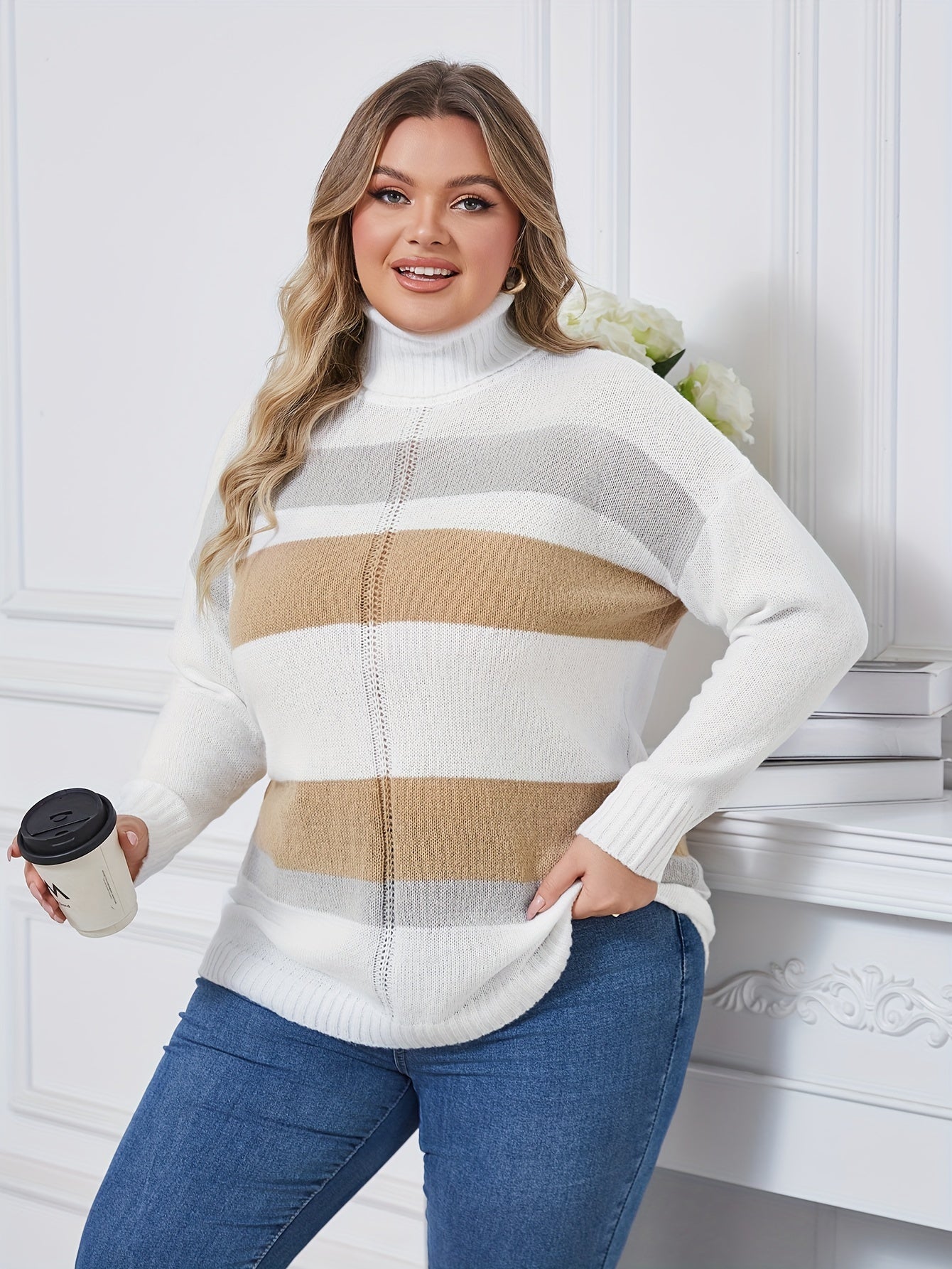 Women's Turtleneck Sweater Long Sleeve Loose Fit Striped Pullover Beige Black Fall Winter