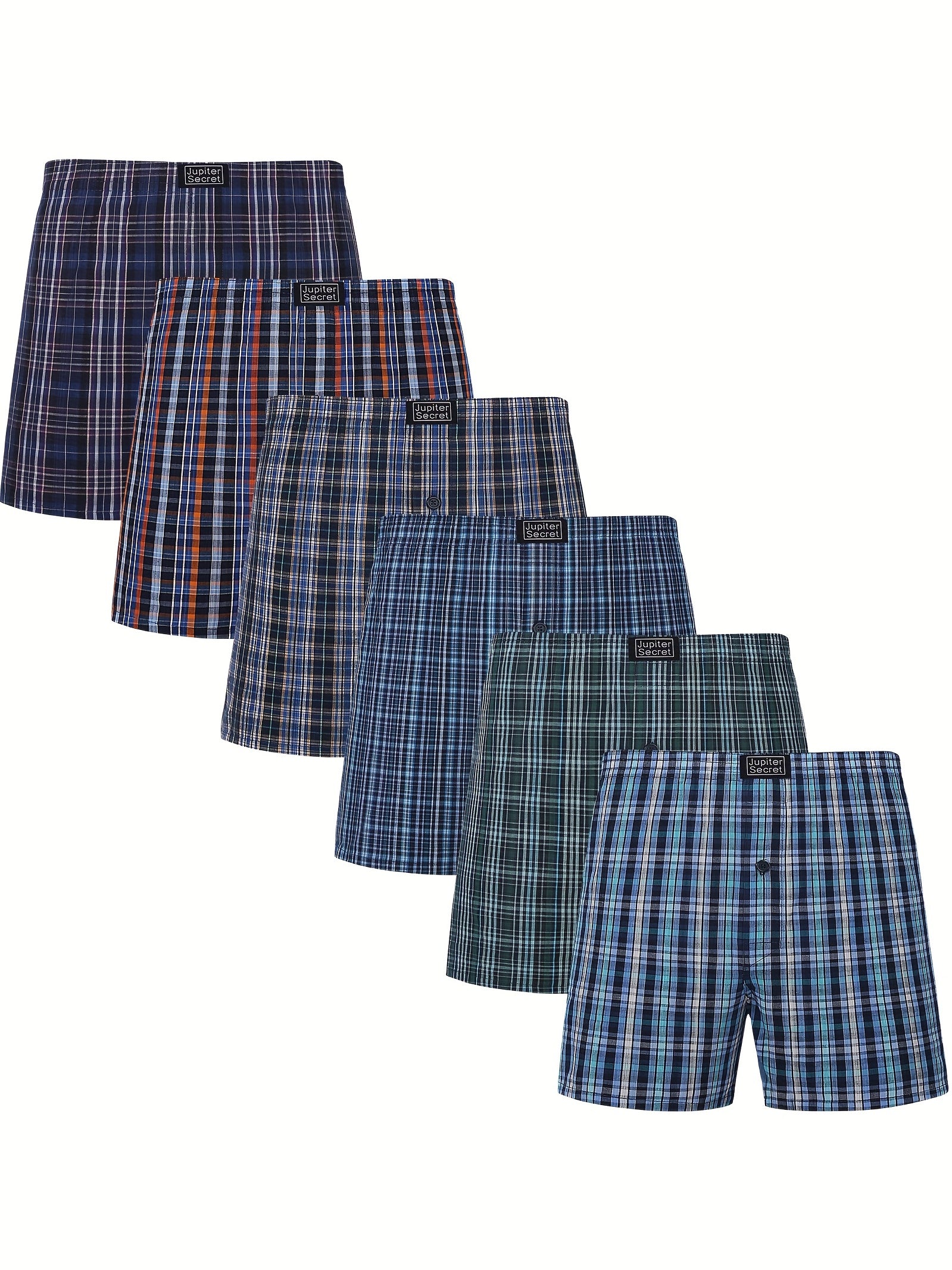 Men's 6-Pack Plaid Cotton Boxer Shorts Elastic Waist Loose Fit Casual Woven Fabric
