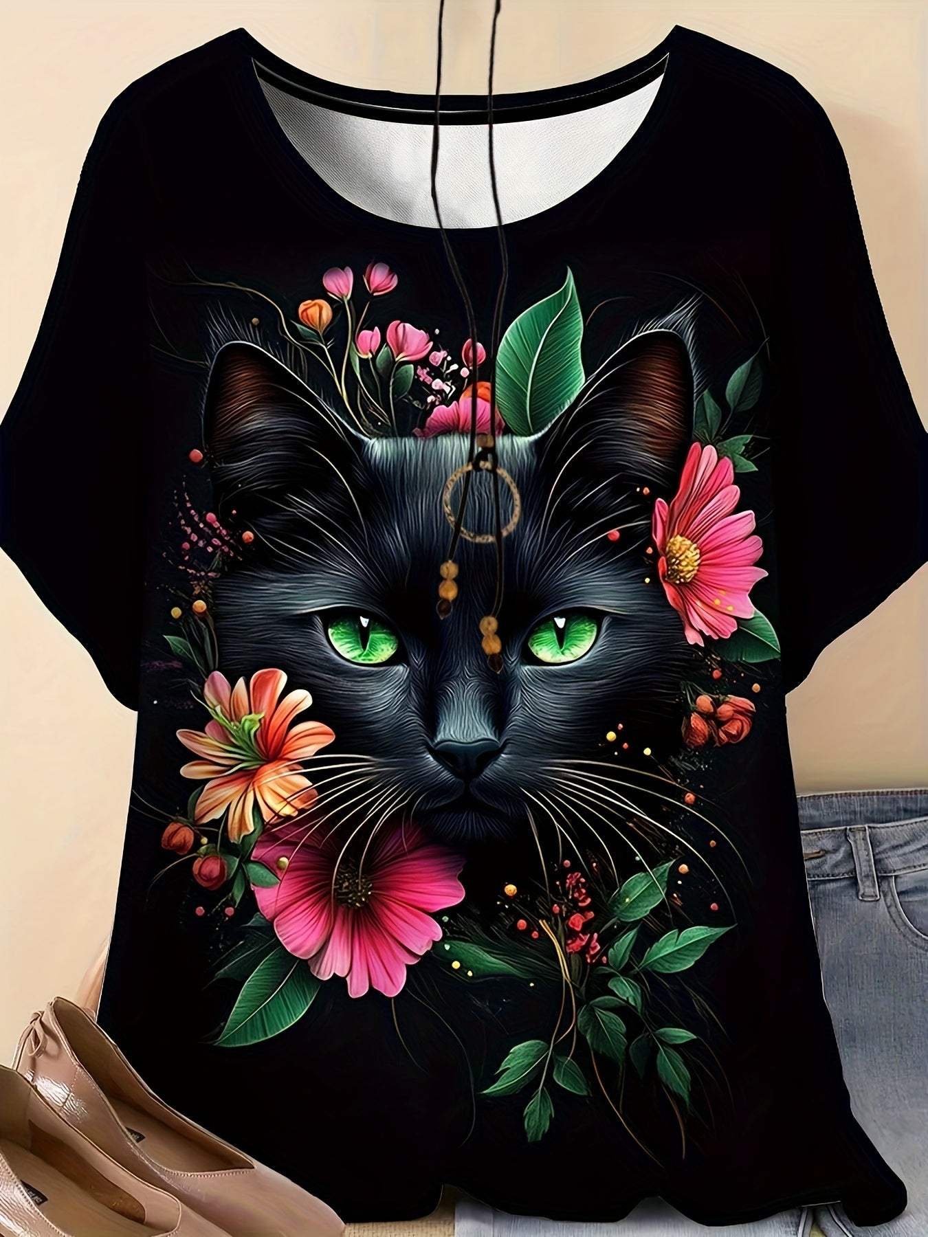 Plus Size Women's Floral Cat Print Short Sleeve T-Shirt Summer Casual Top