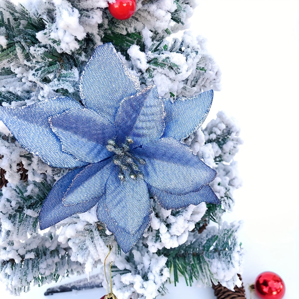 Juego de 10 flores artificiales de Navidad con purpurina para decoración de árbol 14cm