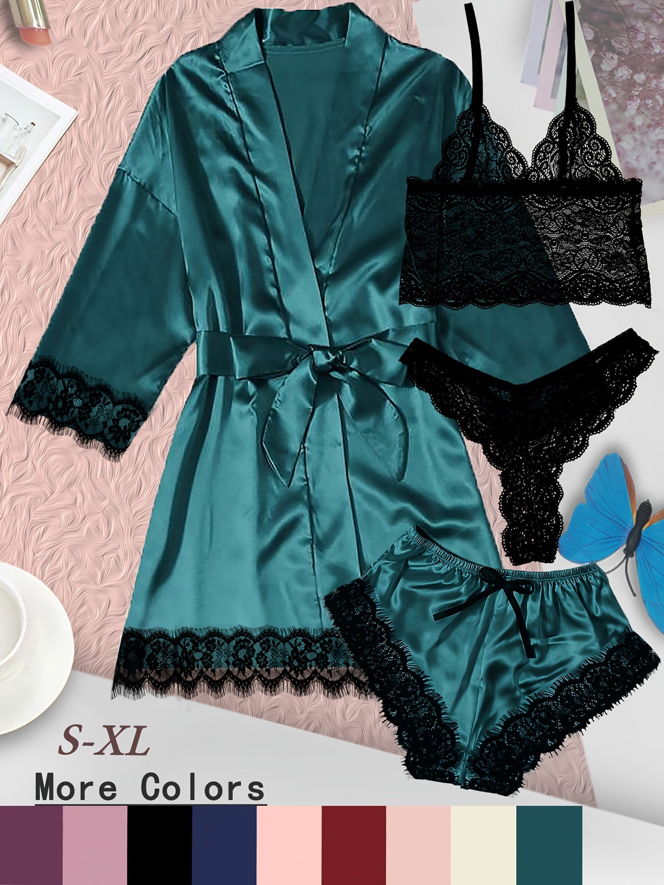 Women's Loungewear Set with Lace Detailing Robe V-Neck Cami Shorts and Panties