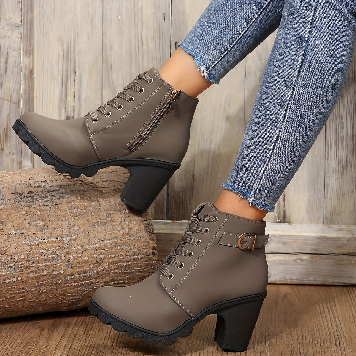 Women's Chunky Heeled Ankle Boots Solid Color Lace Up Side Zipper Retro Short Boots