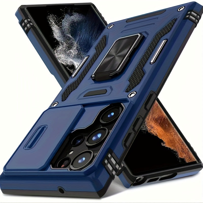 Protective Phone Case with Slide Camera Cover and Rotating Kickstand for Samsung Models
