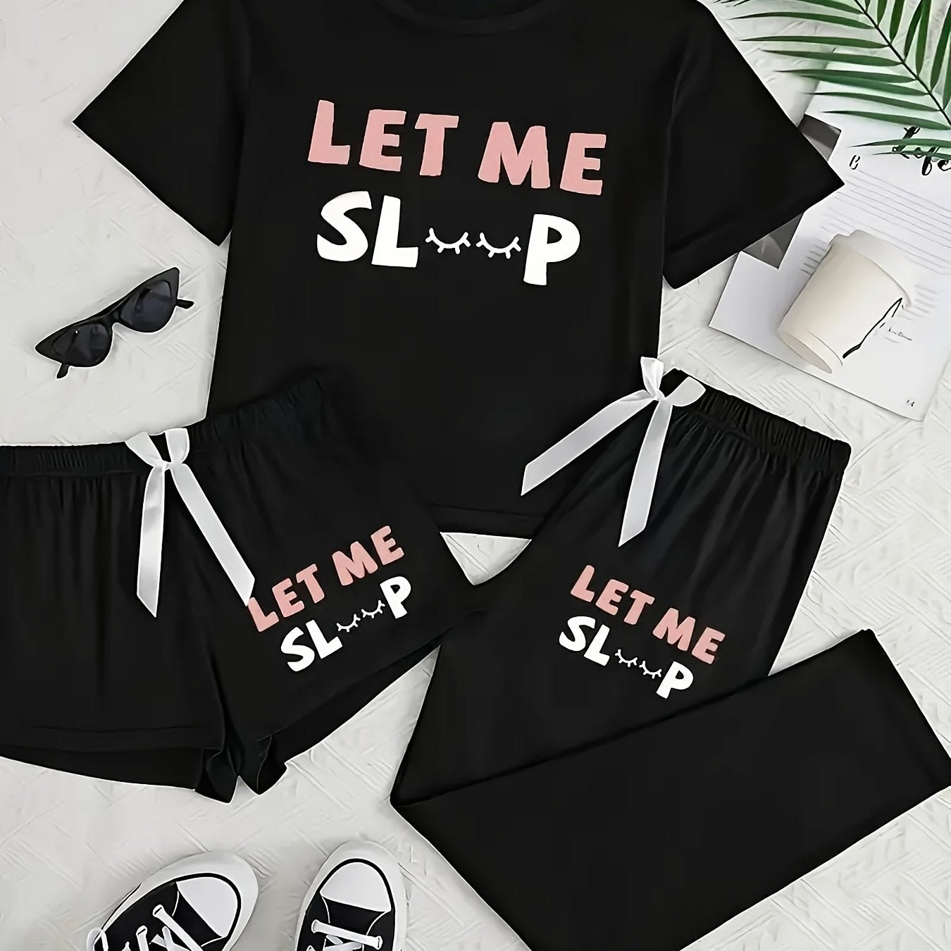 Adult Casual Pajama Set with Letter Print Short Sleeve Top Long Pants and Shorts