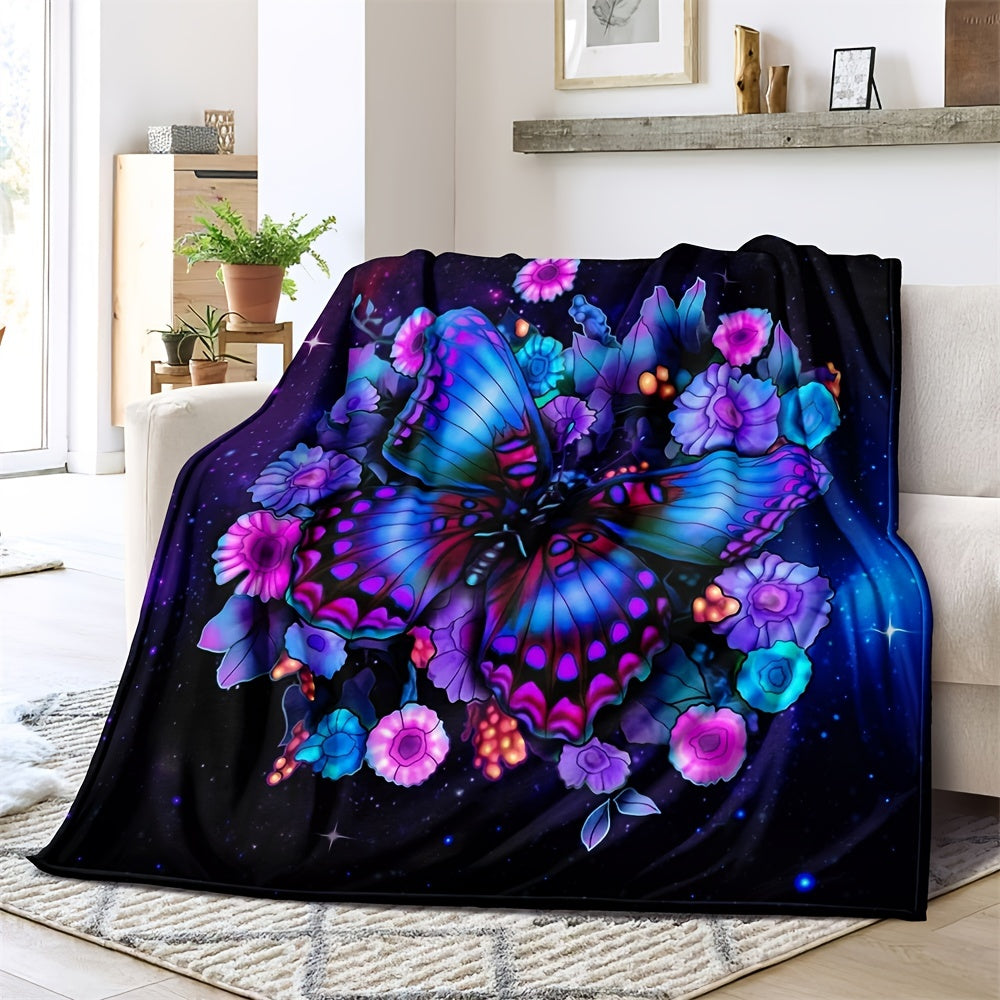 Purple Floral Butterfly Fleece Throw Blanket Lightweight Cozy for Sofa Bed Travel