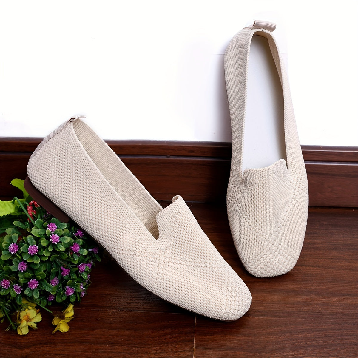 Women's Square Toe Slip-On Flats Breathable Fabric Casual Shoes