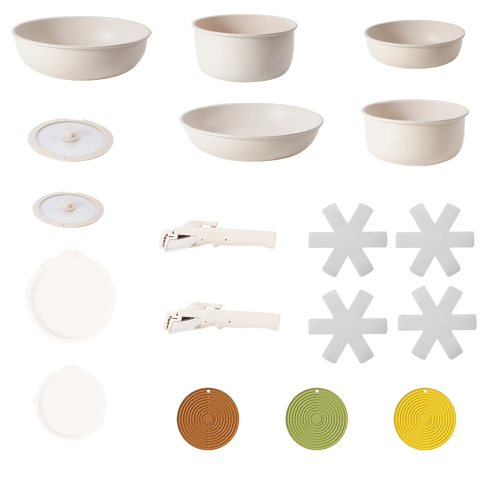 18-Piece Non-Stick Cookware Set with Removable Handles, Brushed Aluminum