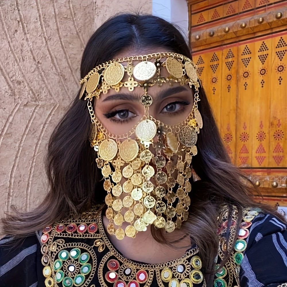 Vintage Arab Afghan Gold Coin Hair Jewelry Headdress with Chain