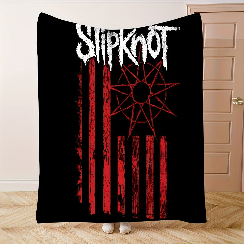 One Piece Slipknot Band Throw Blanket with Red Stripe Lettering Woven Polyester Stain Tear Resistant All-Season