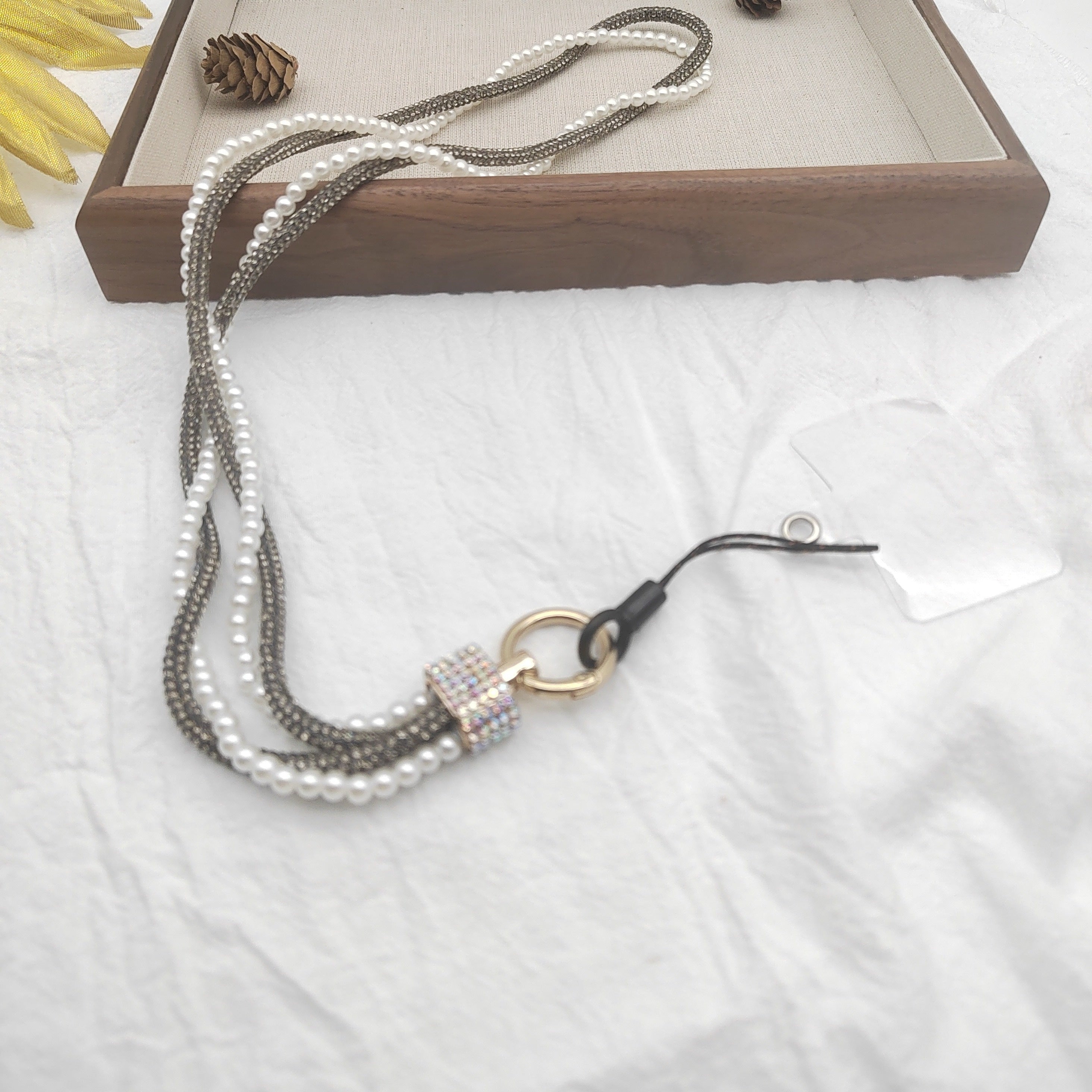 Pearl Rhinestone Long Lanyard PVC Phone Key Holder with Universal Attachment