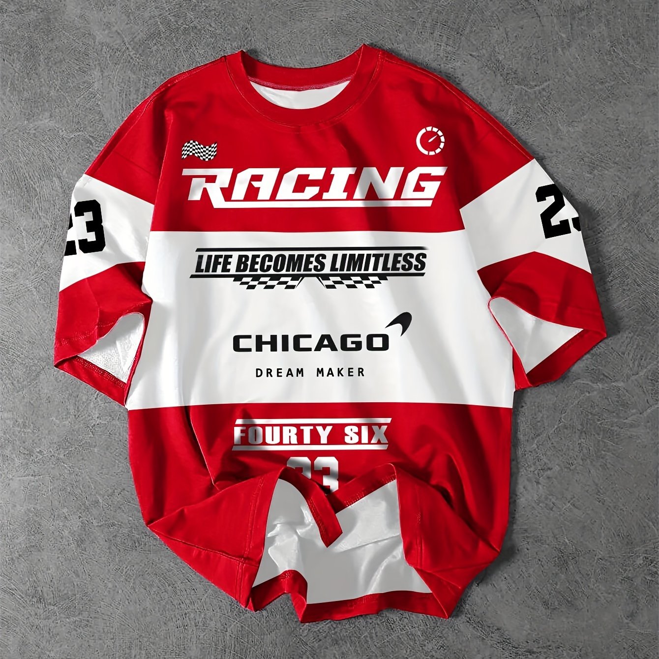 Camiseta gráfica casual para hombre Chicago Racing de manga corta en poliéster, verano en rojo y blanco