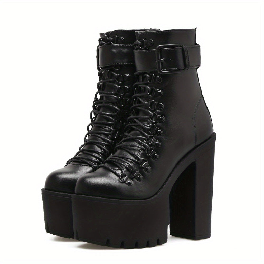 Women's Platform Chunky High Heel Ankle Boots Black Buckle Lace Up Motorcycle Shoes