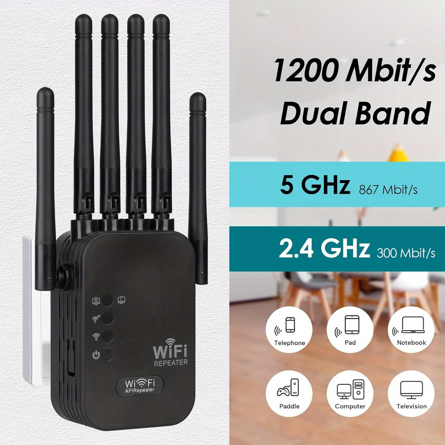 Extensor WiFi de doble banda 2.4G/5GHz 1200Mbps con puerto Ethernet y 6 antenas
