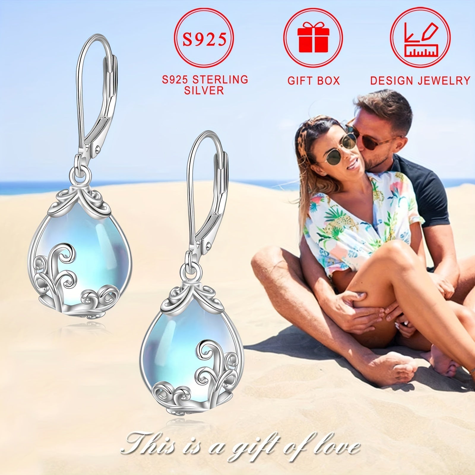 Sterling Silver Drop Earrings with Synthetic Moonstone Teardrop Floral Design Hypoallergenic for Women