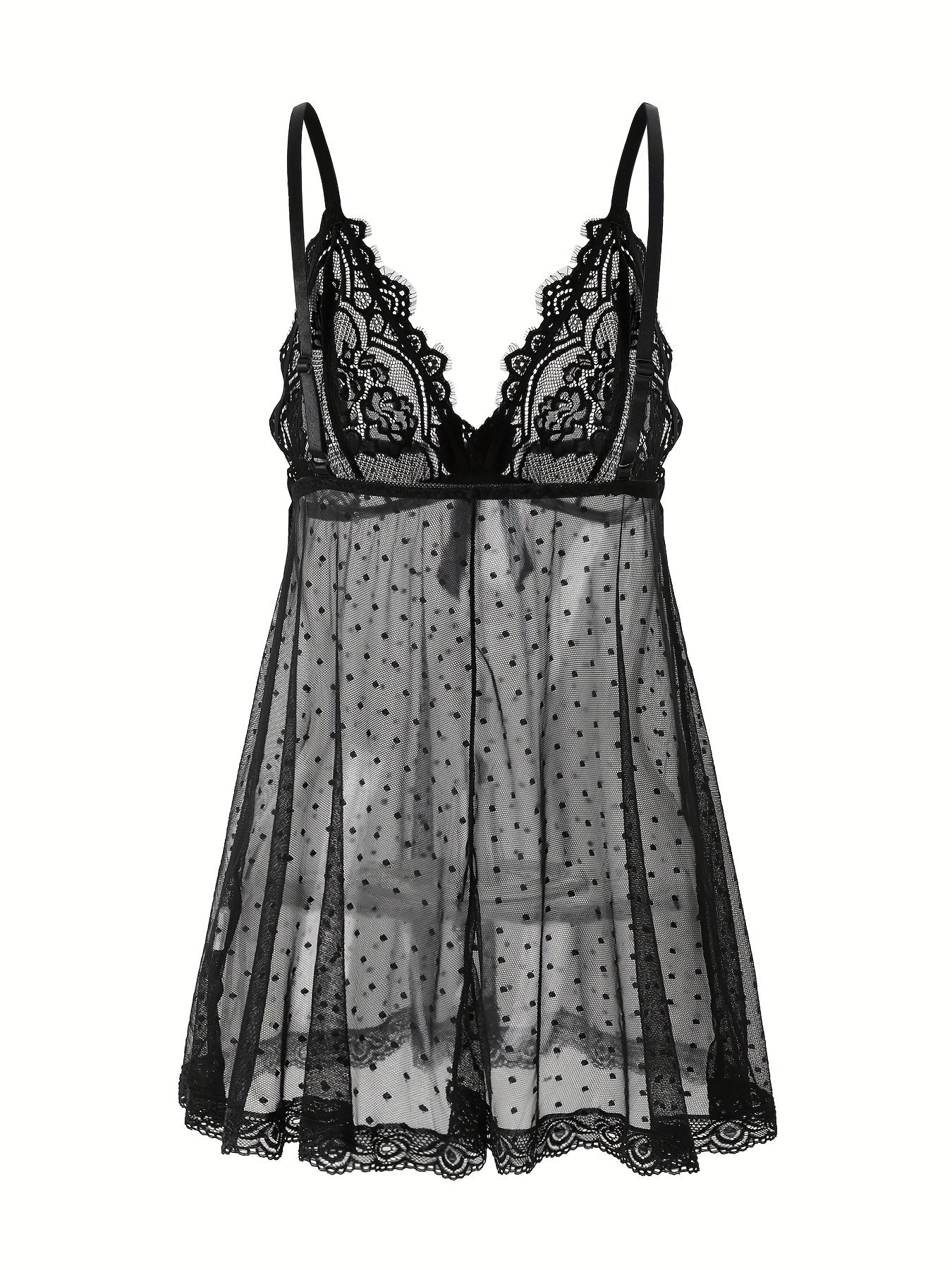 Женская ночная сорочка из кружева с сетчатой подкладкой в горошек и кружевными деталями, милое ночное платье-бэбидол с бантом, изготовлено из трикотажной ткани 95% полиэстера и 5% эластана, без чашечек, легкая взрослая ночная одежда - 40 г/м².