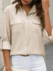 Women's Cotton Long-Sleeve Solid Color Blouse with Turn-Down Collar and Flap Pockets