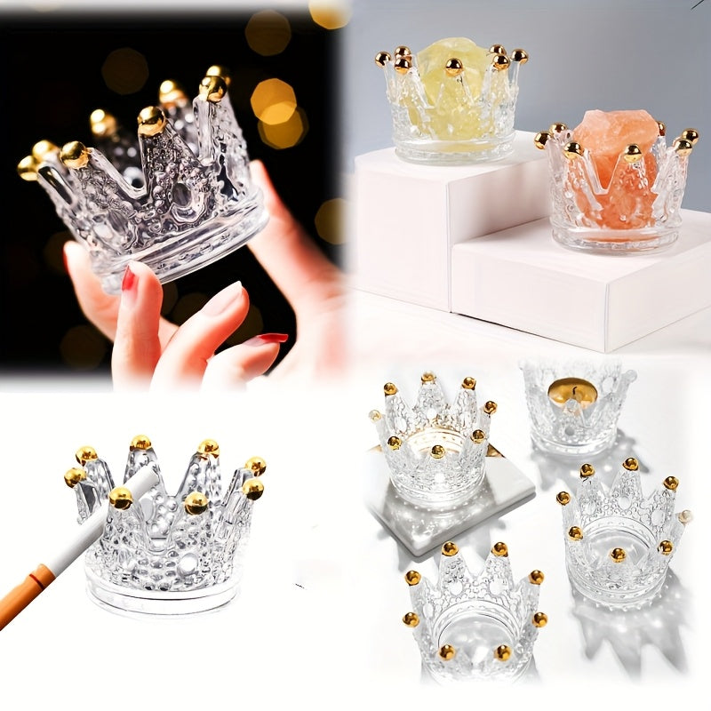Unisex Crystal Glass Ashtray Octagonal Crown-Shaped Gold Accents