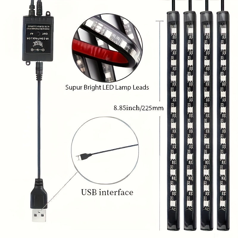 Car Interior LED Lights 4 Pack 48 LEDs RGB Neon Music Sync Remote