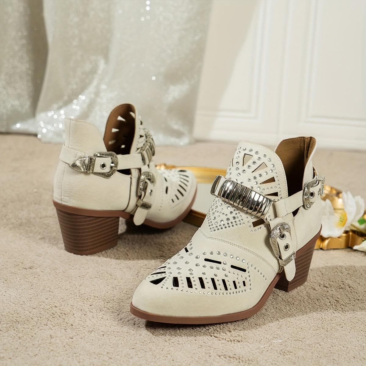 Women’s Rhinestone Embellished Ankle Boots with Geometric Pattern and Block Heel