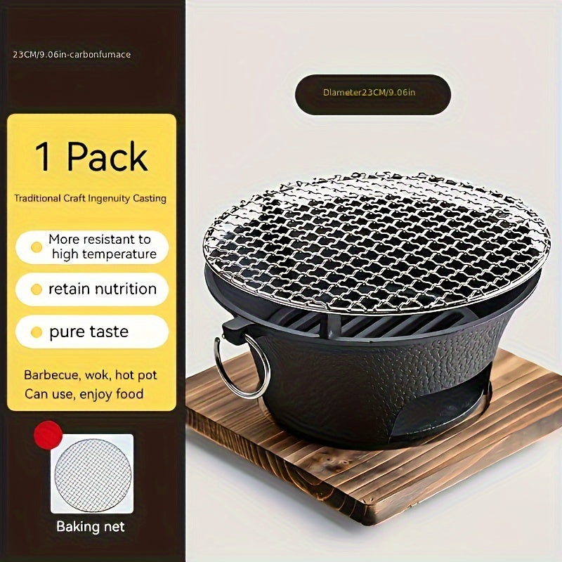 Cast Iron Charcoal Grill Stove with Mesh Net and Au Gratin Pan for Indoor Outdoor Cooking