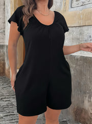 Women's V-Neck Flared Sleeve Solid Color Plus-Size Jumpsuit Shorts