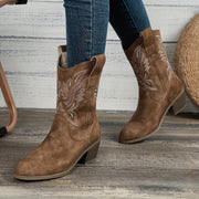 Women Mid-Calf Embroidered Boots Synthetic Slip-On Western Style Leather Sole