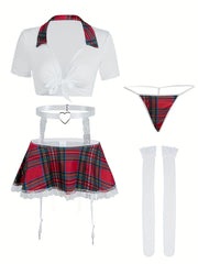 Sexy Preppy Cosplay Costume Set Includes Crop Top Skirt Garter Belt and Stockings