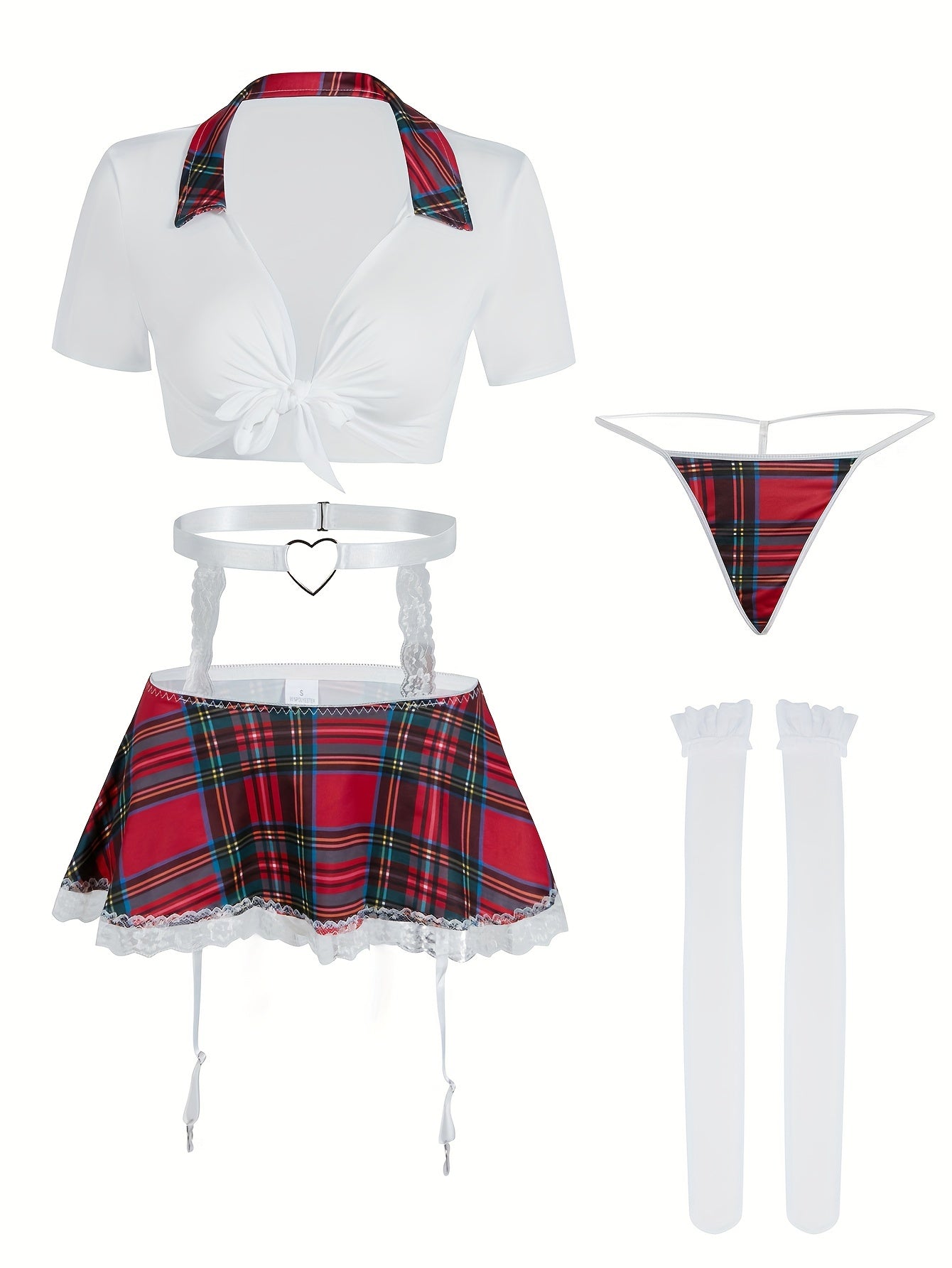Sexy Preppy Cosplay Costume Set Includes Crop Top Skirt Garter Belt and Stockings