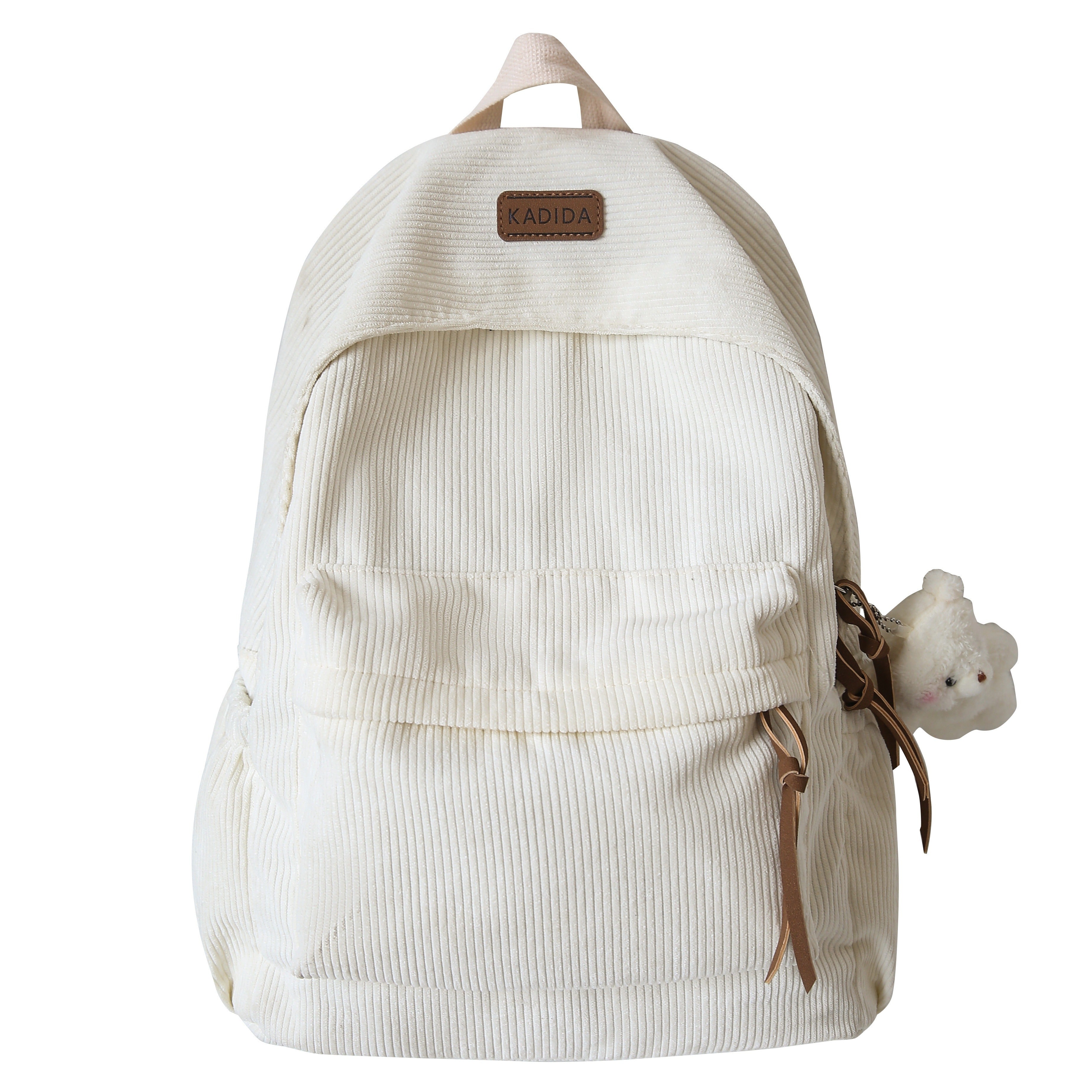 Women's Large Capacity Corduroy Backpack with Bear Pendant for School