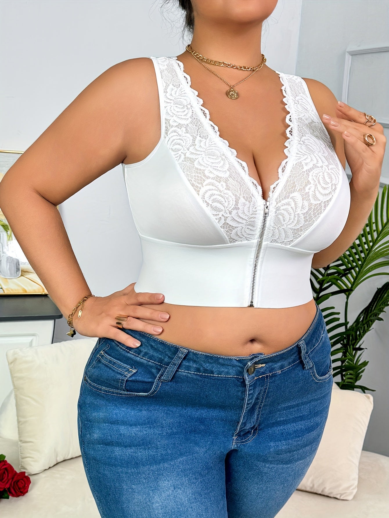 Plus Size Women's Lace Trim Off-Shoulder Zipper Front Top in Solid Color