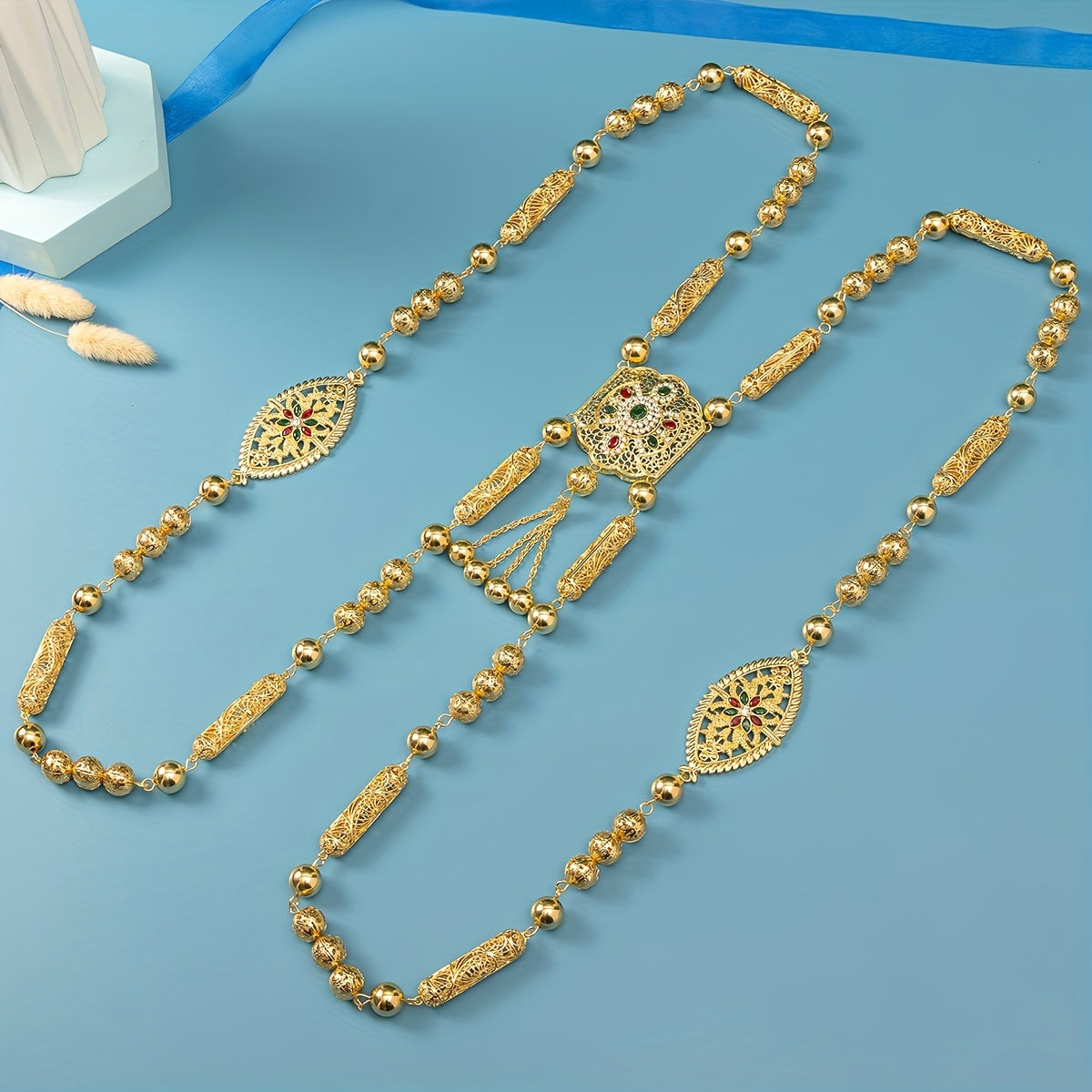 Gold Plated Arabian Body Chain with Flower Design Synthetic Stones for Weddings