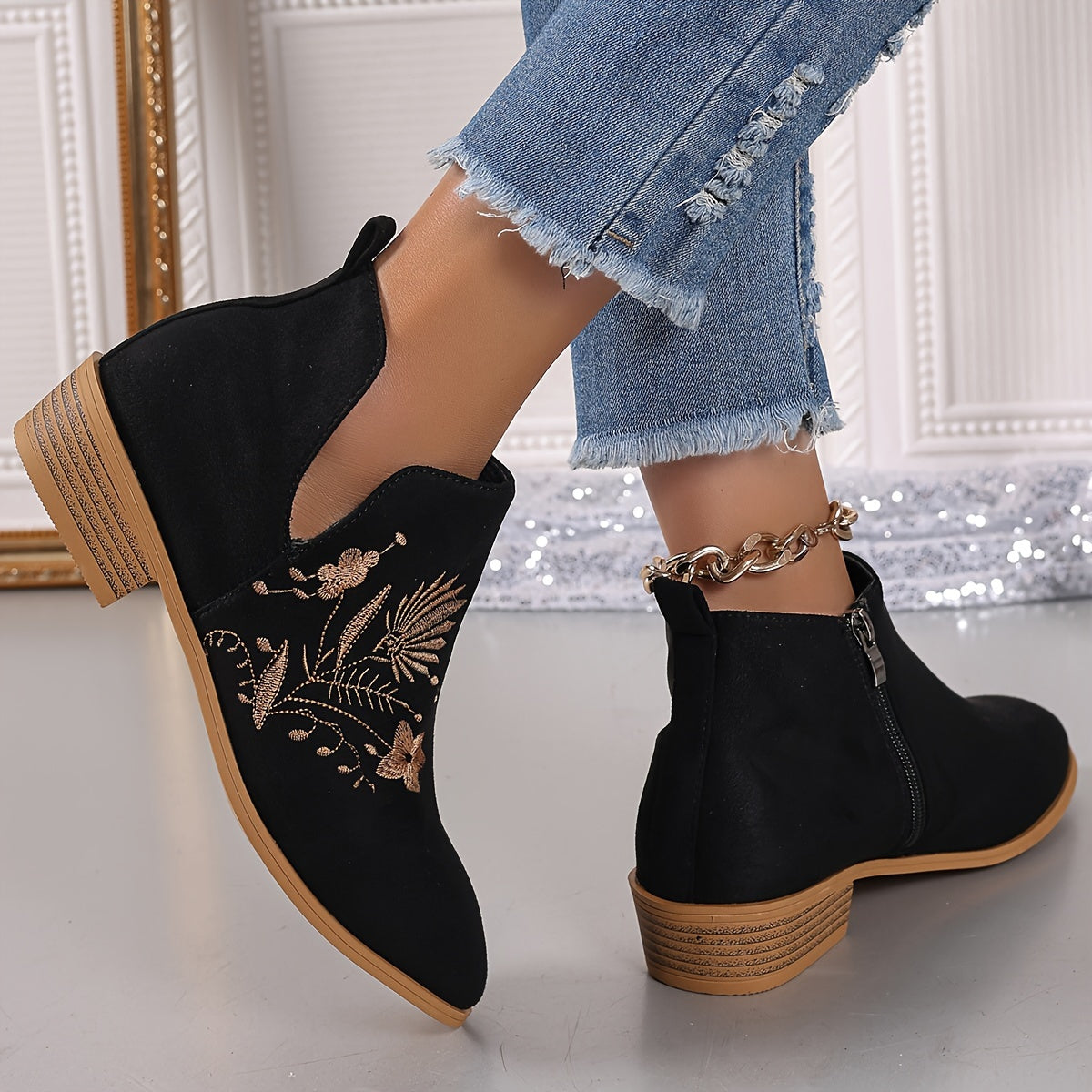 Women Embroidered Fabric Ankle Booties Round Toe Zip Mid-Heel French Heels