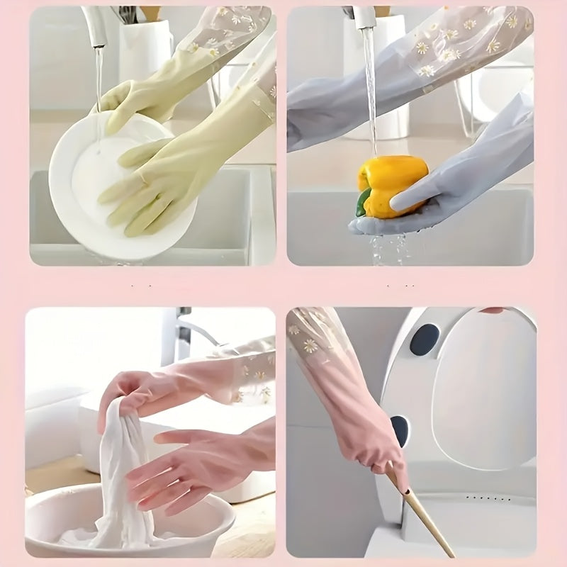 Waterproof PVC Cleaning Gloves with Daisy Pattern for Dishwashing and Household Use