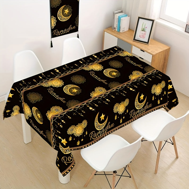 Ramadan Disposable Plastic Tablecloth Black Gold Moon Lantern Star 130x220cm for Eid Al-Fitr and Eid Al-Adha