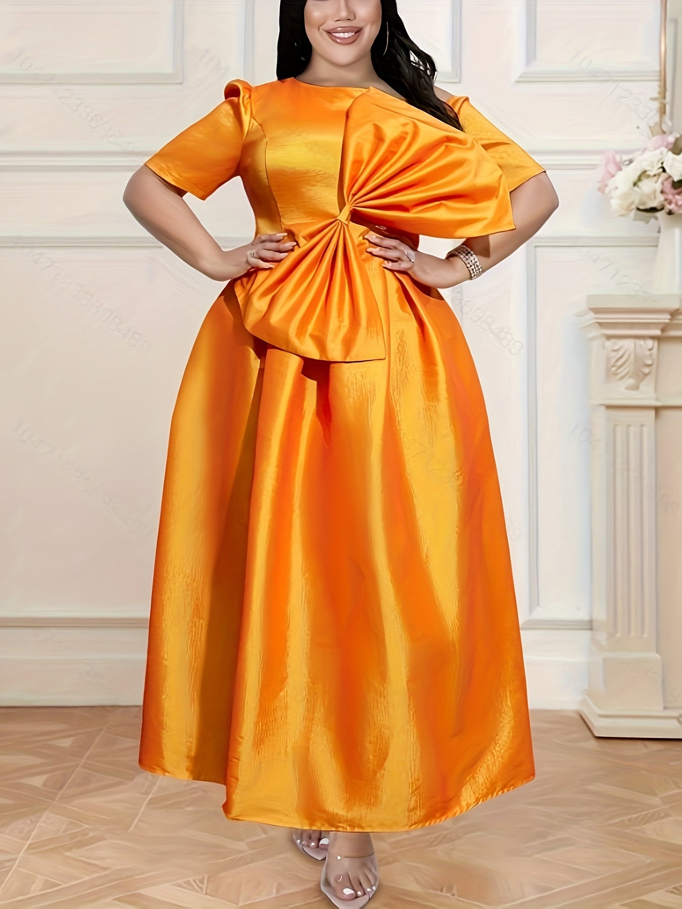 Plus Size Solid Swing High Waist Short Sleeve Dress for Party Women