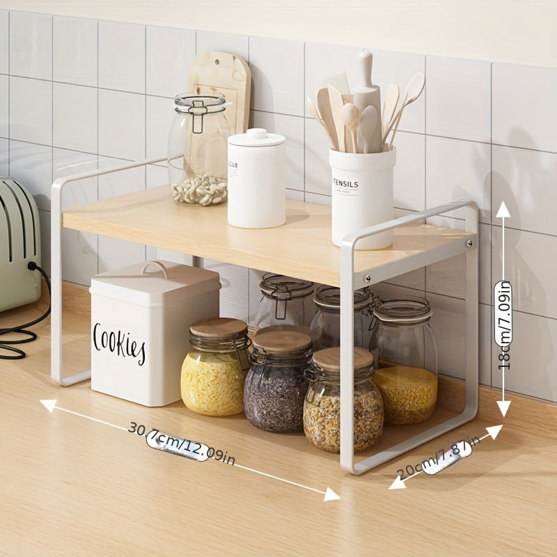 Estante de cocina con marco de hierro y tapa de madera dura con 2 niveles para organización