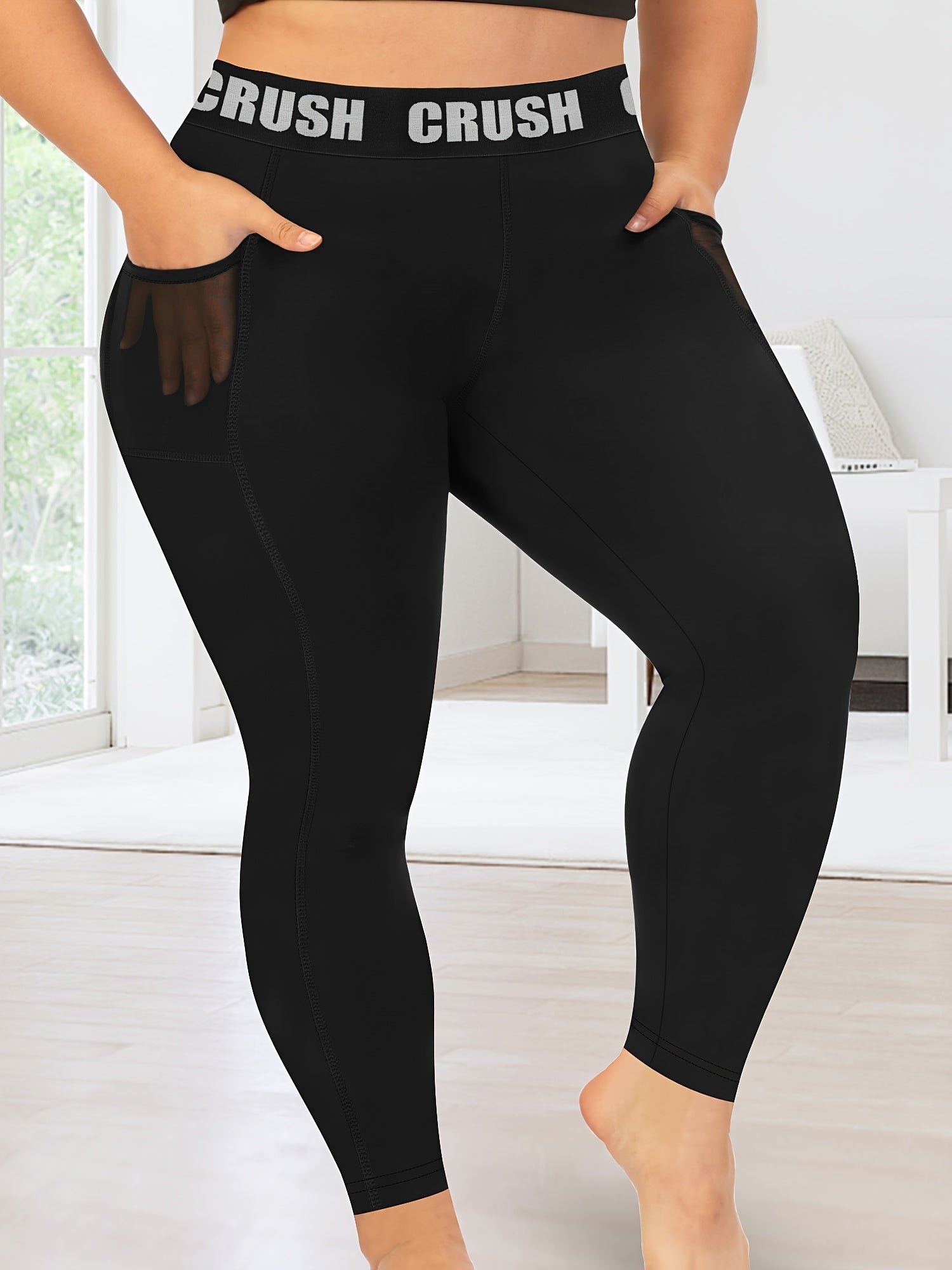 Women's High-Waist Cropped Leggings with "CRUSH" Print Breathable White